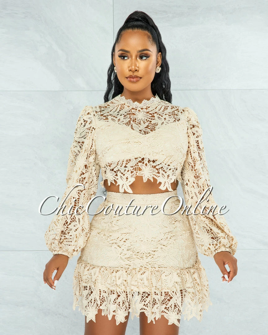 Vendor-unknown Sadiya Cream Crochet Crop Top & Ruffle Skirt Set JUST IN