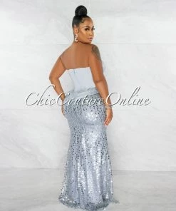 Chic Couture Online JUST IN Olesia Silver Sequins Bottom Strapless Maxi Dress