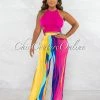 Chic Couture Online Mistico Fuchsia Lace-Up Top & Multi-Color Wide Pants Set
