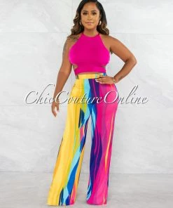 Chic Couture Online Mistico Fuchsia Lace-Up Top & Multi-Color Wide Pants Set