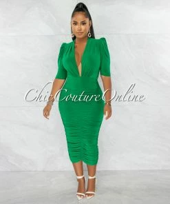 Chic Couture Online Sandy Green Deep V-Neck Padded Shoulders Midi Dress JUST IN