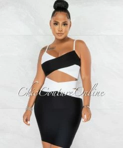 Chic Couture Online Marshae Black White Two-Tone Bandage Two Piece Set