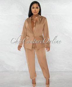 Chic Couture Online Esparza Brown Blazer & Jogger Pants Silky Set