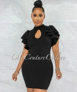 Vendor-unknown JUST IN Bruma Black Bust Key-Hole Ruffle Sleeves Dress