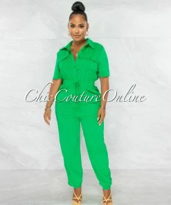 Chic Couture Online Billie Kelly Green Cargo Pockets Utility Jumpsuit JUST IN