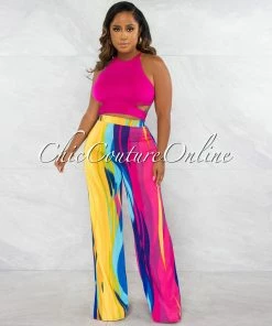 Chic Couture Online Mistico Fuchsia Lace-Up Top & Multi-Color Wide Pants Set