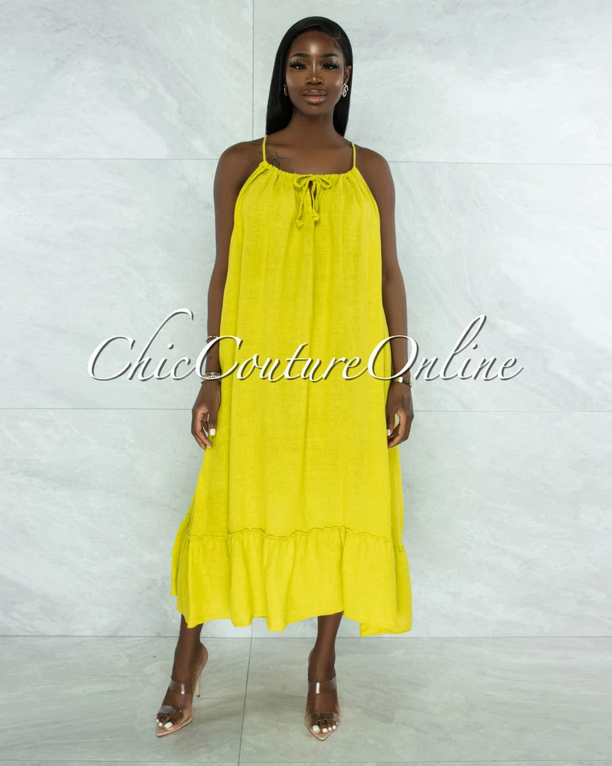 Vendor-unknown JUST IN Nassar Lime Braid Straps Ruffle Hem Maxi LINEN Dress