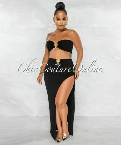 Chic Couture Online JUST IN Alyza Black Gold Accent Top & Maxi Slit Skirt Set