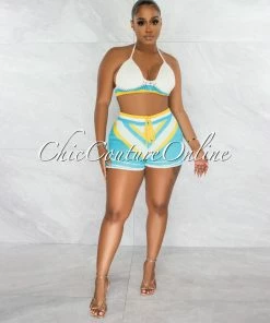 Chic Couture Online JUST IN Wisconsin White Turquoise Chevron Shorts Knit Set