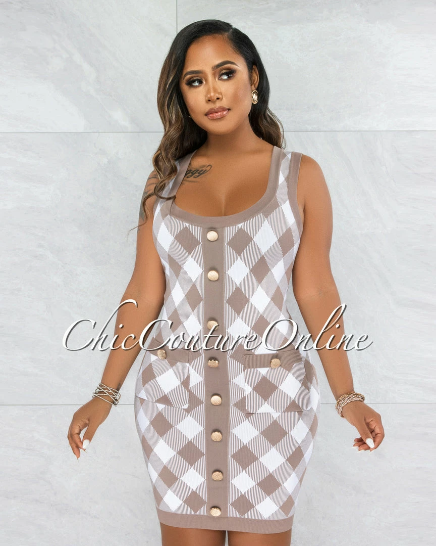 Chic Couture Online Elissa Taupe White Plaid Knit Dress