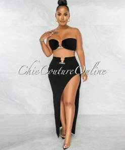 Chic Couture Online JUST IN Alyza Black Gold Accent Top & Maxi Slit Skirt Set