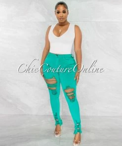 Chic Couture Online Soraya Green Denim High Waist Destroyed Jeans