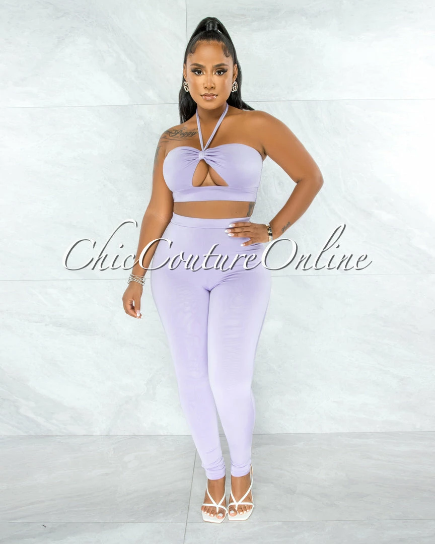 Chic Couture Online Hudel Lilac Bust Key-Hole Crop Top & Double Lined Leggings Set JUST IN
