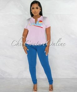 Chic Couture Online Barbie Pink Graphic Silver Shoulder Fringe T-Shirt JUST IN