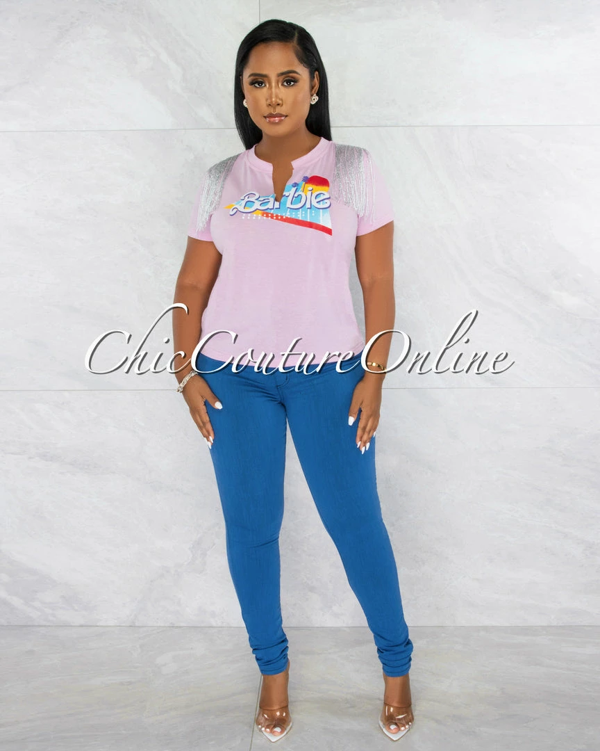 Chic Couture Online Barbie Pink Graphic Silver Shoulder Fringe T-Shirt JUST IN