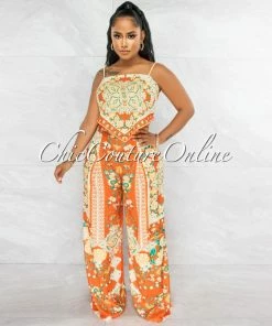 Vendor-unknown Crevan Orange Multi-Color Print Top & Wide Pants Set JUST IN