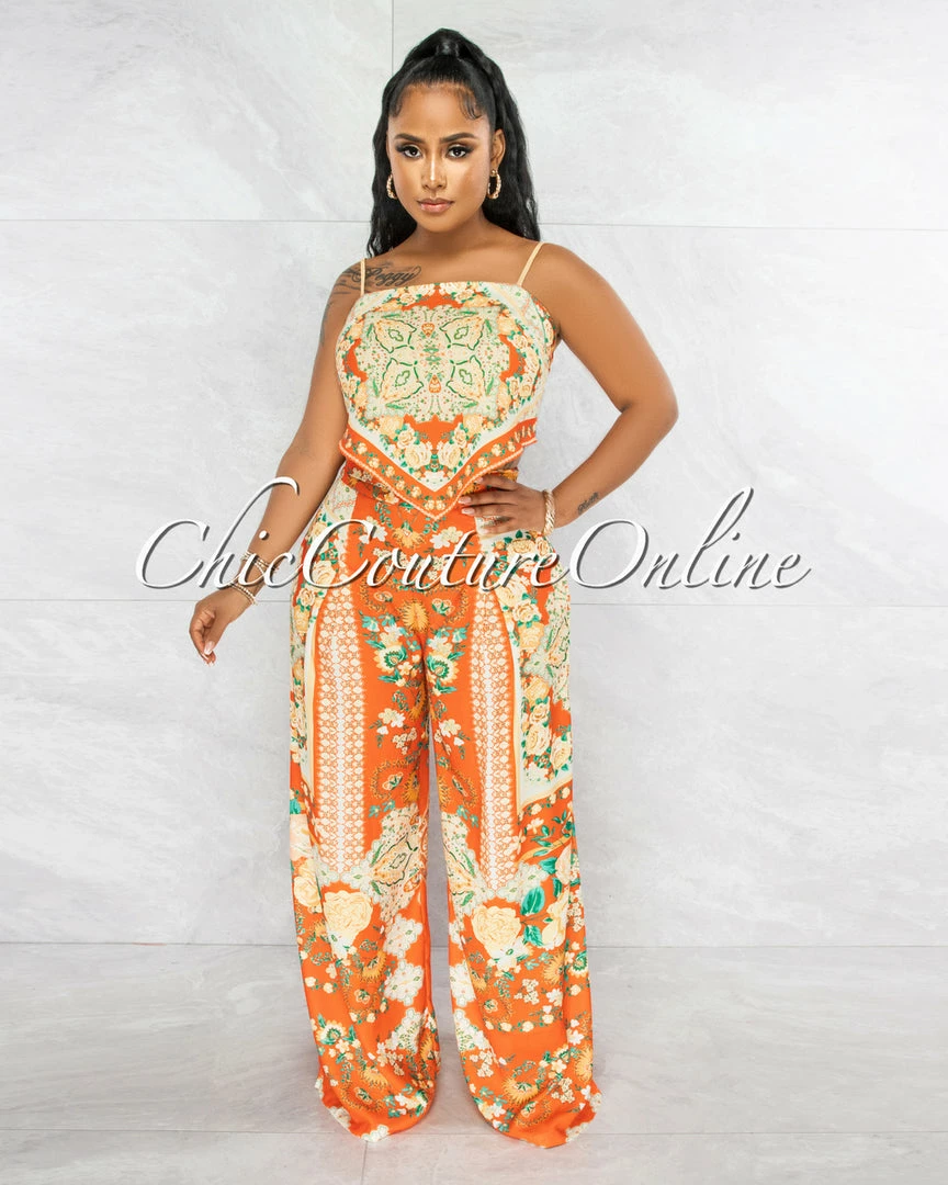 Vendor-unknown Crevan Orange Multi-Color Print Top & Wide Pants Set JUST IN
