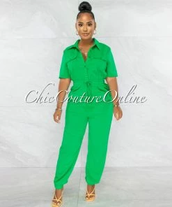 Chic Couture Online Billie Kelly Green Cargo Pockets Utility Jumpsuit JUST IN