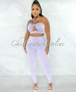 Chic Couture Online Hudel Lilac Bust Key-Hole Crop Top & Double Lined Leggings Set JUST IN