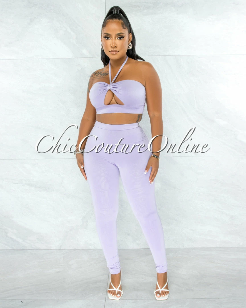 Chic Couture Online Hudel Lilac Bust Key-Hole Crop Top & Double Lined Leggings Set JUST IN