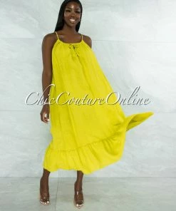 Vendor-unknown JUST IN Nassar Lime Braid Straps Ruffle Hem Maxi LINEN Dress