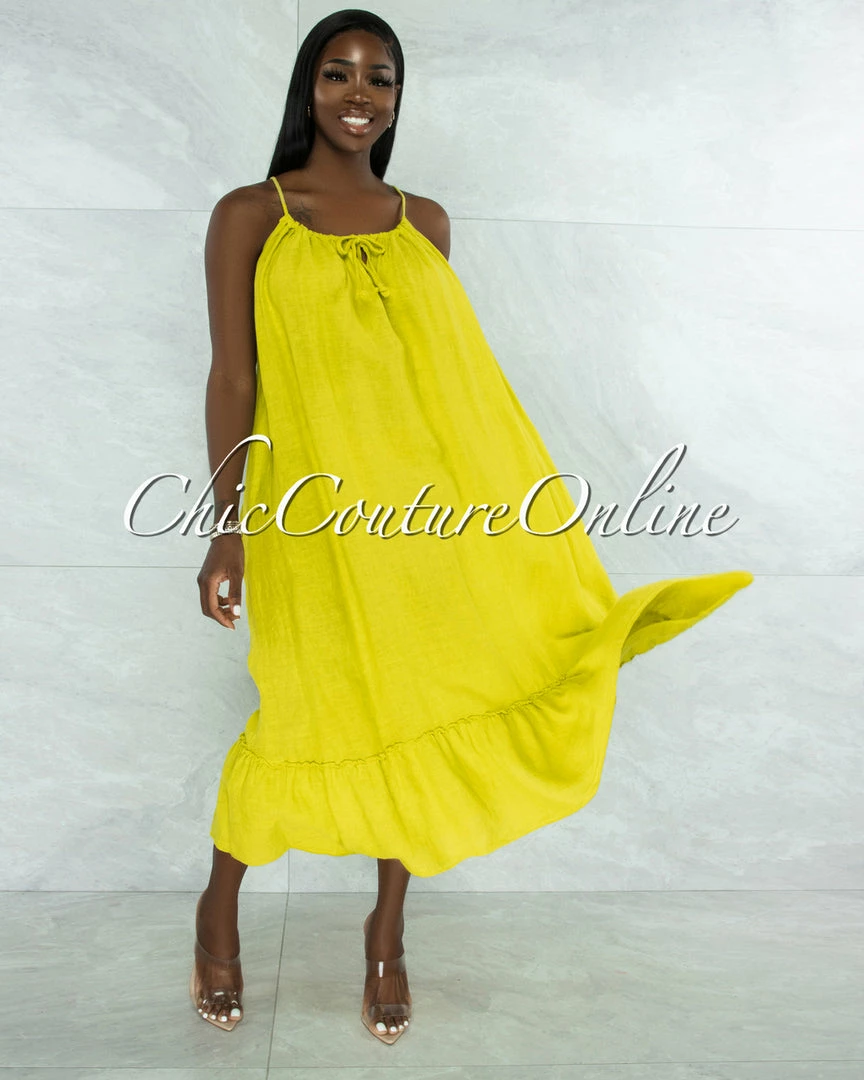 Vendor-unknown JUST IN Nassar Lime Braid Straps Ruffle Hem Maxi LINEN Dress