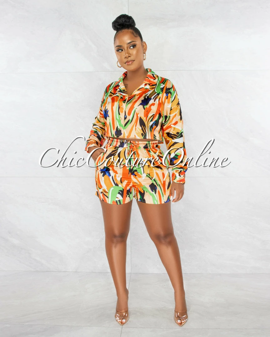 Chic Couture Online Maiva Orange Multi-Color Print Top & Shorts Pajama Silky Set JUST IN