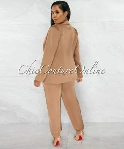 Chic Couture Online Esparza Brown Blazer & Jogger Pants Silky Set