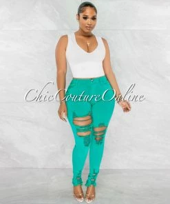 Chic Couture Online Soraya Green Denim High Waist Destroyed Jeans