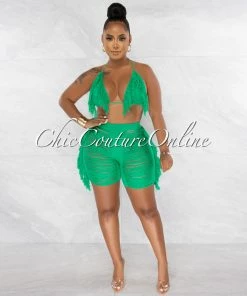 Chic Couture Online JUST IN Columbia Green Crochet Fringe Cover-Up Shorts Set