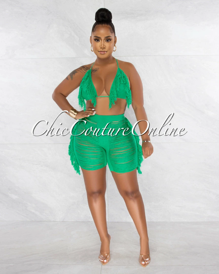 Chic Couture Online JUST IN Columbia Green Crochet Fringe Cover-Up Shorts Set