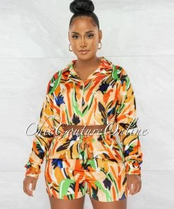 Chic Couture Online Maiva Orange Multi-Color Print Top & Shorts Pajama Silky Set JUST IN