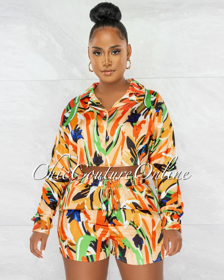 Chic Couture Online Maiva Orange Multi-Color Print Top & Shorts Pajama Silky Set JUST IN