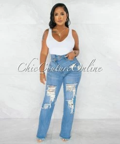 Chic Couture Online Herra Medium Blue Denim Destroyed Boyfriend Jeans