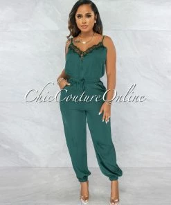 Vendor-unknown Denah Hunter Green Lace Satin Jogger Jumpsuit