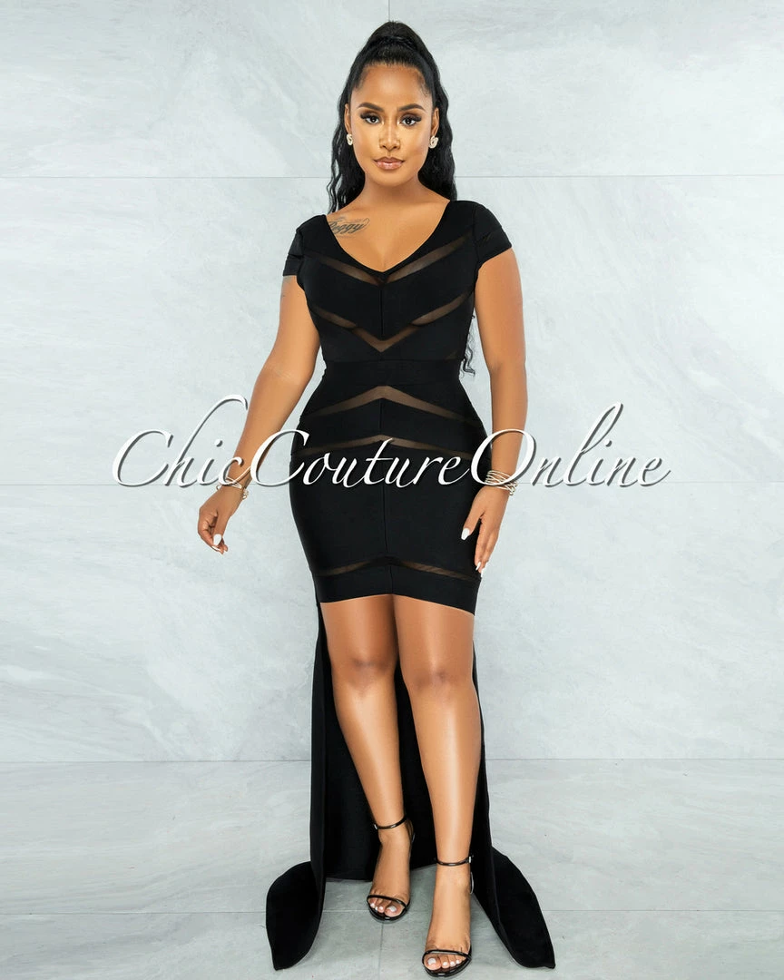 Vendor-unknown JUST IN Martinez Black Mesh Stripes Bandage Hi-Lo Dress