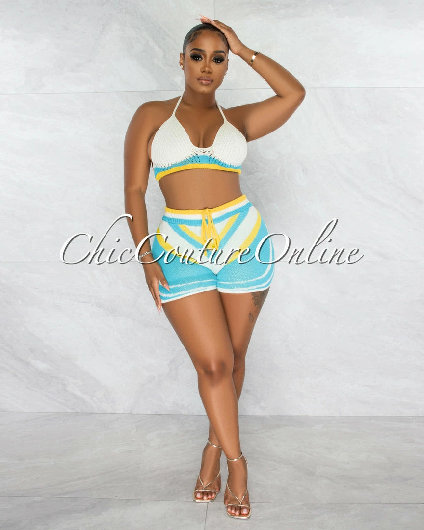 Chic Couture Online JUST IN Wisconsin White Turquoise Chevron Shorts Knit Set