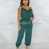 Vendor-unknown Denah Hunter Green Lace Satin Jogger Jumpsuit