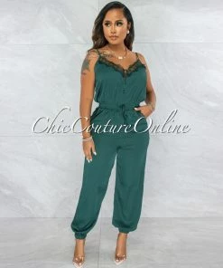 Vendor-unknown Denah Hunter Green Lace Satin Jogger Jumpsuit