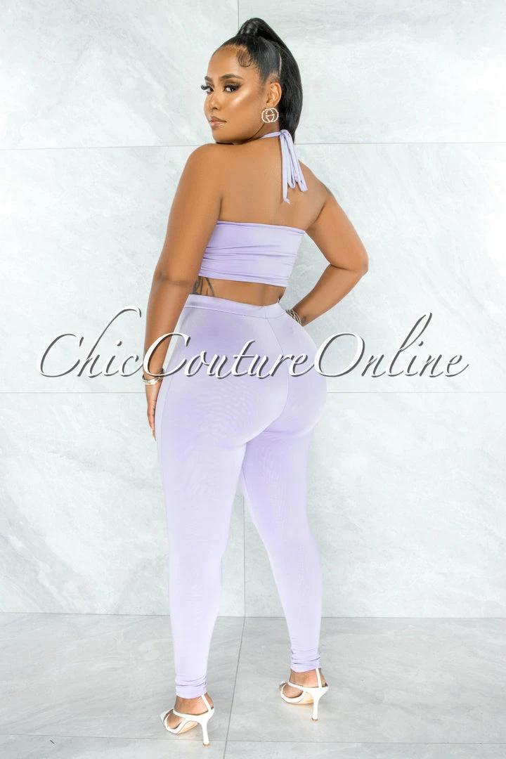Chic Couture Online Hudel Lilac Bust Key-Hole Crop Top & Double Lined Leggings Set JUST IN