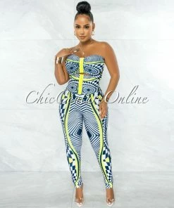 Chic Couture Online JUST IN Lynna Navy Blue Green Crop Top & Corset Style Leggings Set
