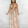 Vendor-unknown Gusty Brown Snake Print Lace-Up Satin Jumpsuit JUST IN