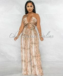 Vendor-unknown Gusty Brown Snake Print Lace-Up Satin Jumpsuit JUST IN