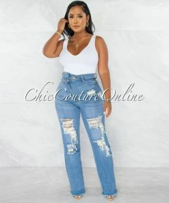 Chic Couture Online Herra Medium Blue Denim Destroyed Boyfriend Jeans