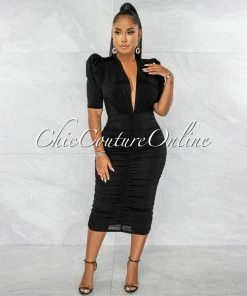 Chic Couture Online JUST IN Sandy Black Deep V-Neck Padded Shoulders Midi Dress