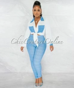 Chic Couture Online JUST IN Fuller White Blue Tie Top & Blue Leggings Set