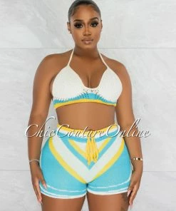 Chic Couture Online JUST IN Wisconsin White Turquoise Chevron Shorts Knit Set