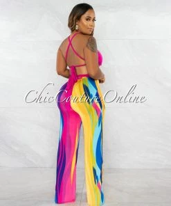 Chic Couture Online Mistico Fuchsia Lace-Up Top & Multi-Color Wide Pants Set