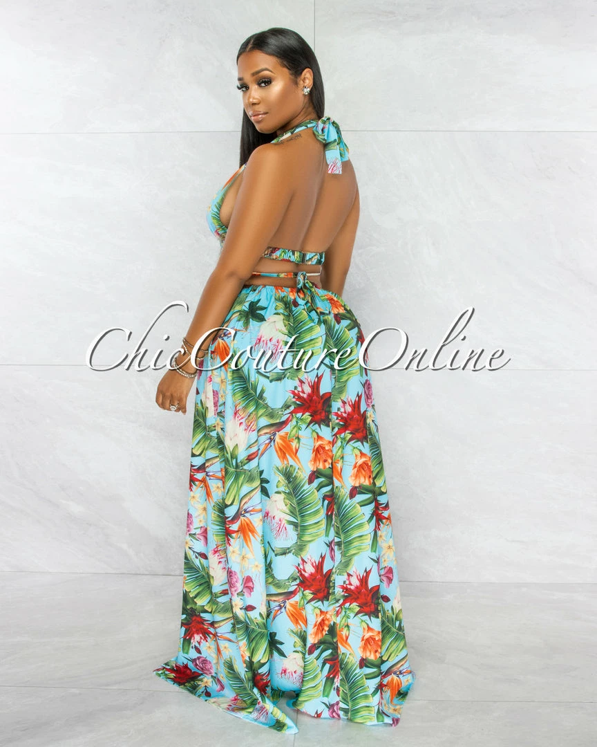 Chic Couture Online Fergie Turquoise Floral Print O-Ring Cut-Out Maxi Bodysuit Dress