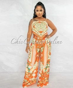 Vendor-unknown Crevan Orange Multi-Color Print Top & Wide Pants Set JUST IN